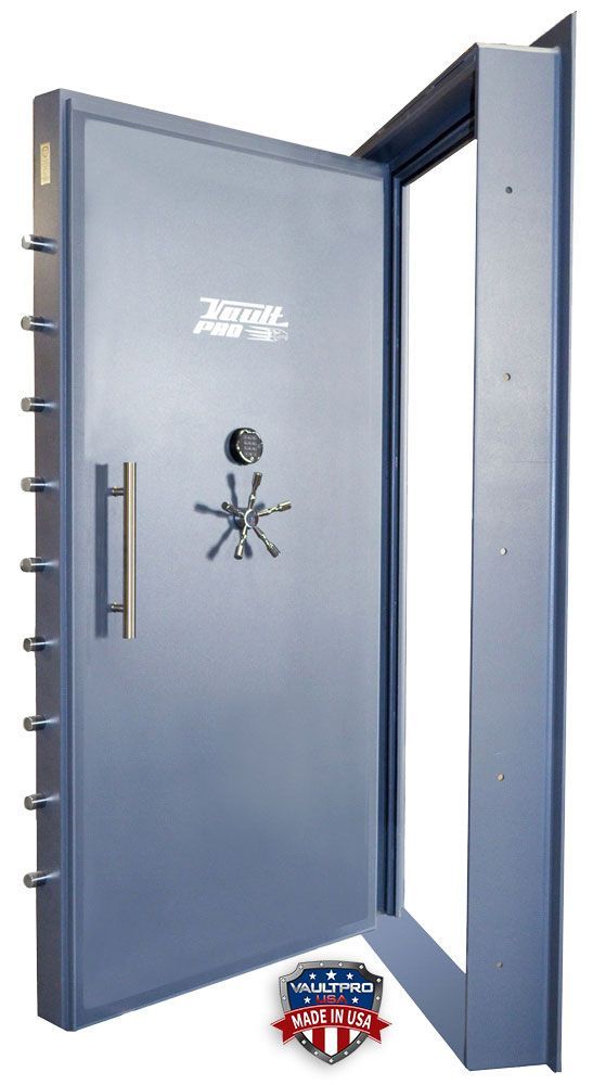 Blue-gray open safe door with visible locking bolts and handle on a plain background