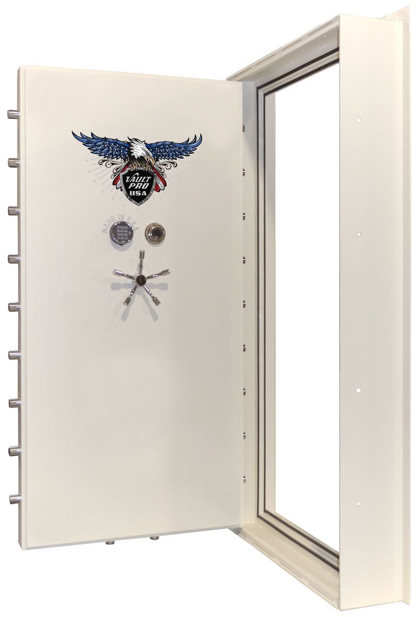 Open white safe door with combination lock and hinges exposed