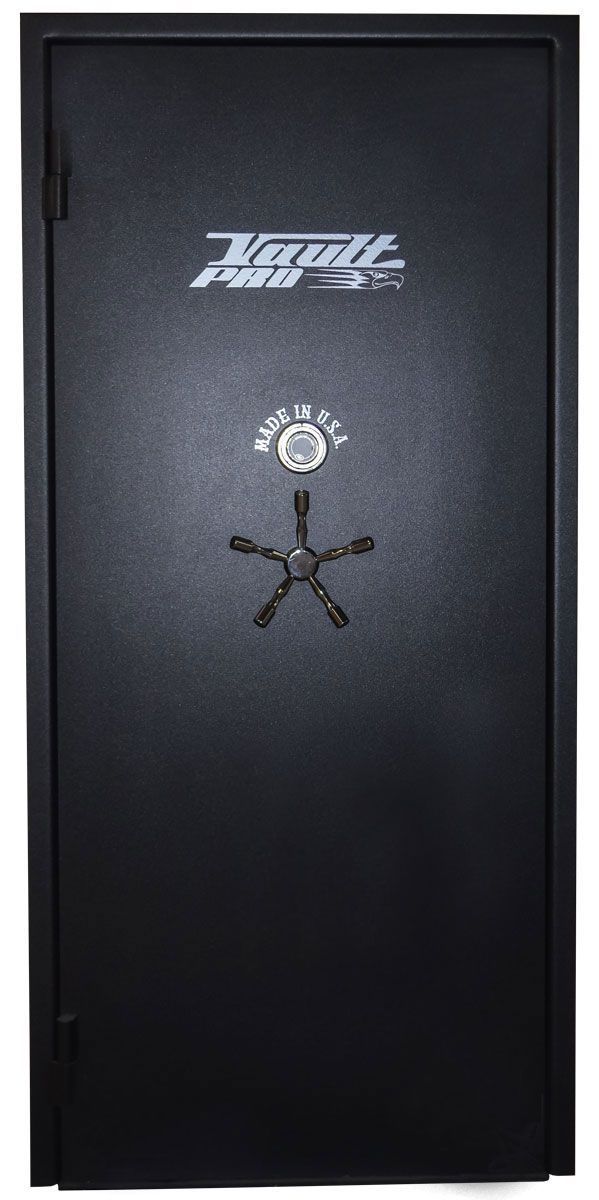 Black metal gun safe with white logo and dial lock on the front