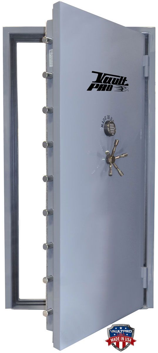 Open steel vault door with multiple bolts and a wheel handle, partly open on the left.
