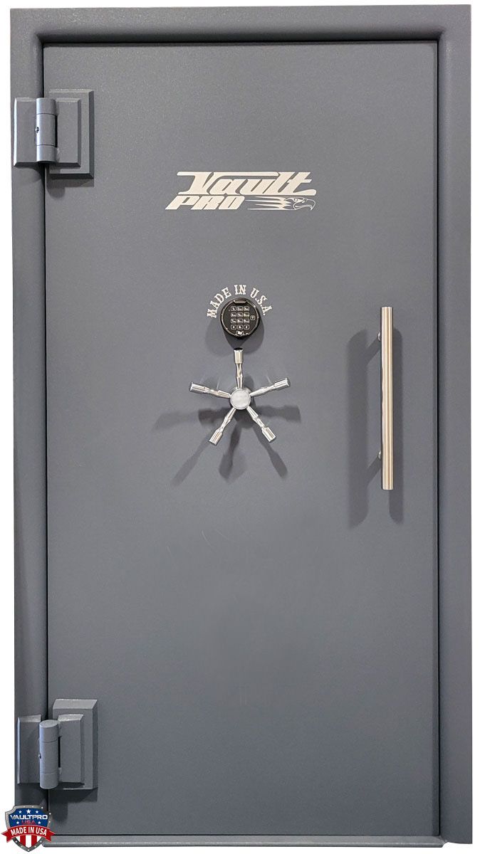 Gray heavy-duty vault door with dial lock, handle, and hinges on the left
