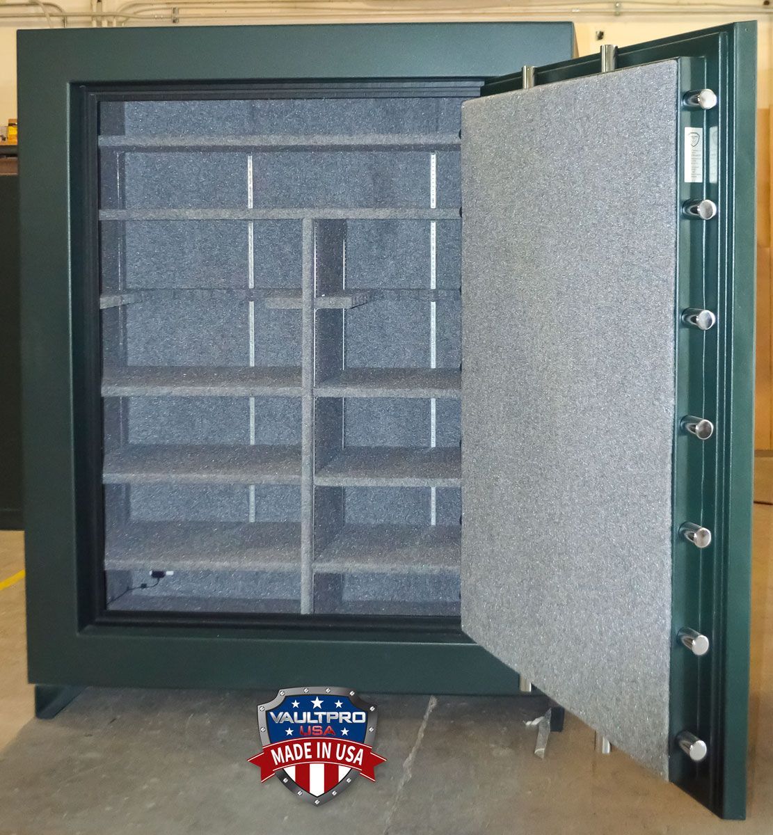 Open safe door revealing interior shelves and six locking bolts on the right side.