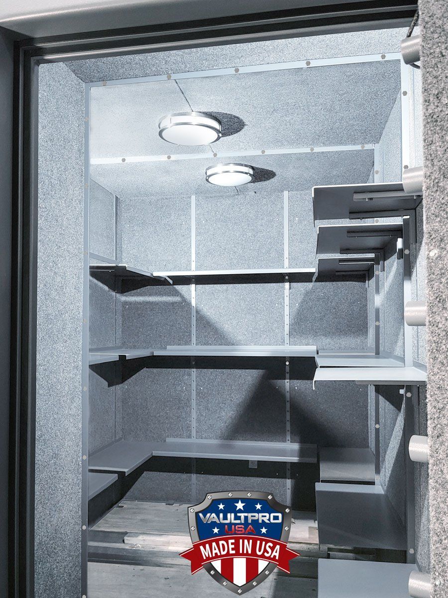 Walk in vault room interior with steel shelves, electrical and lighting