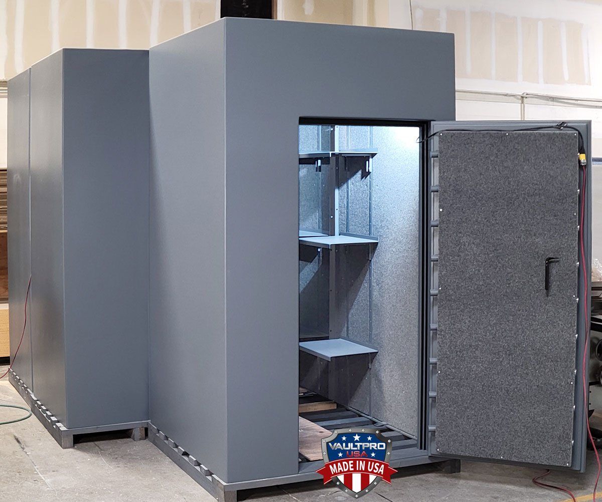 Custom modular design walk-in vault showing the fully locking vault door and interior.