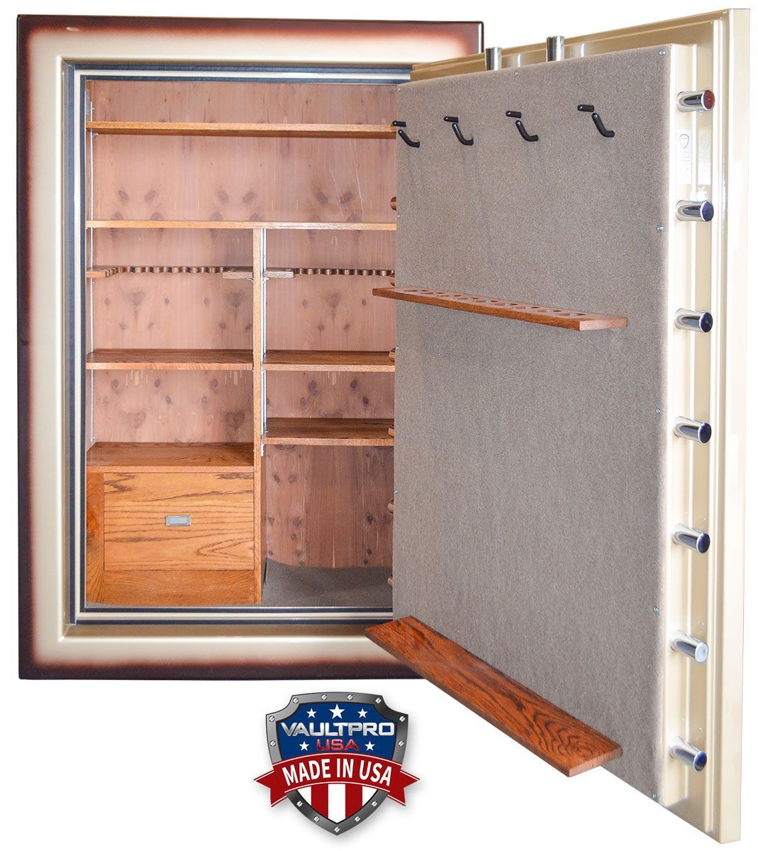 Wooden gun safe with open door, shelves, and rifle hooks inside, shown in a cabinet-style display.