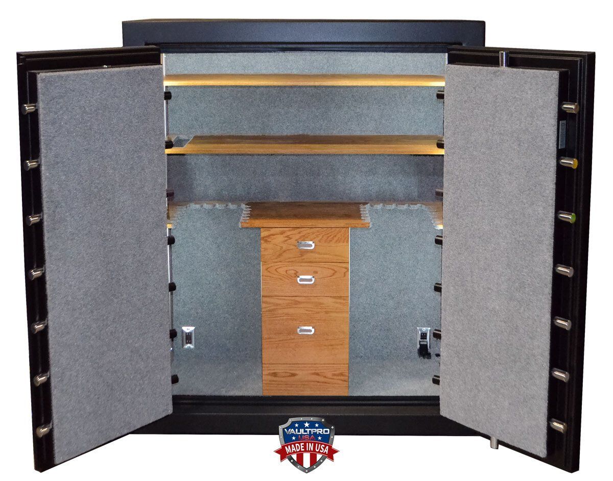 Open safe with gray carpeted doors, shelves, and a wooden drawer inside