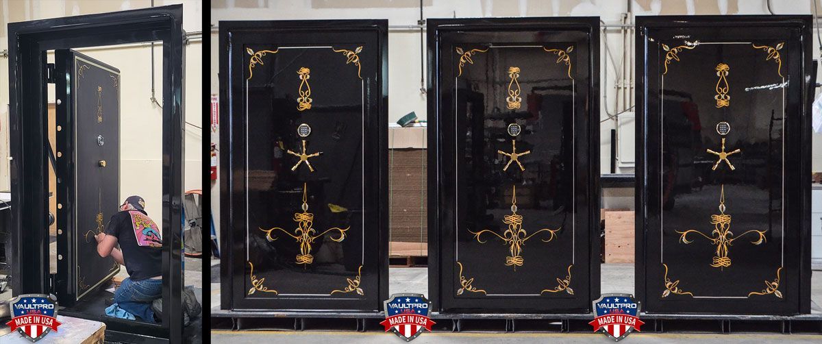 Woman posing beside a tall black ornate door display with gold detailing in a gallery.
