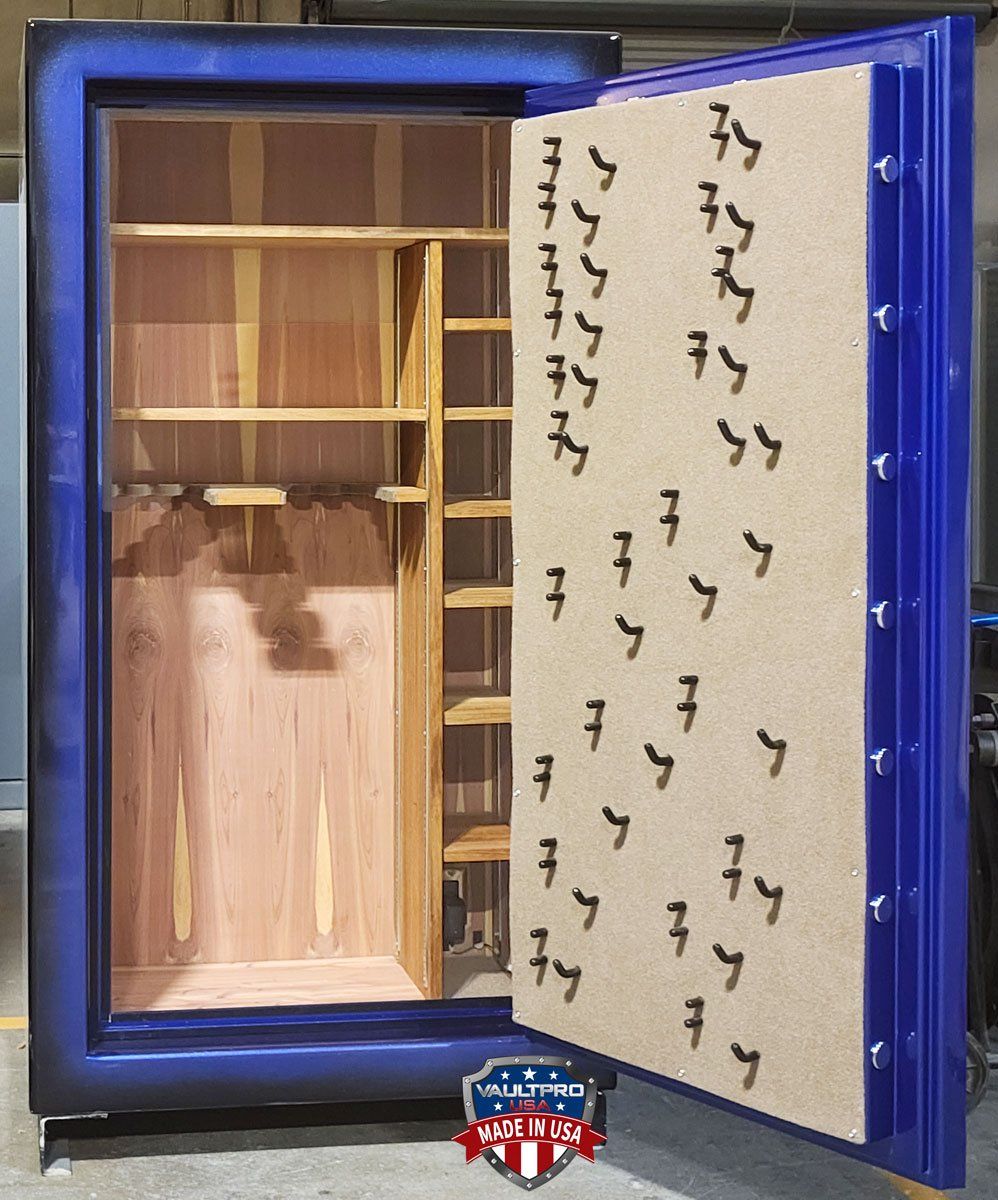 Custom safe with cedar lined interior and custom pistol peg door backing, and automatic bold detent system