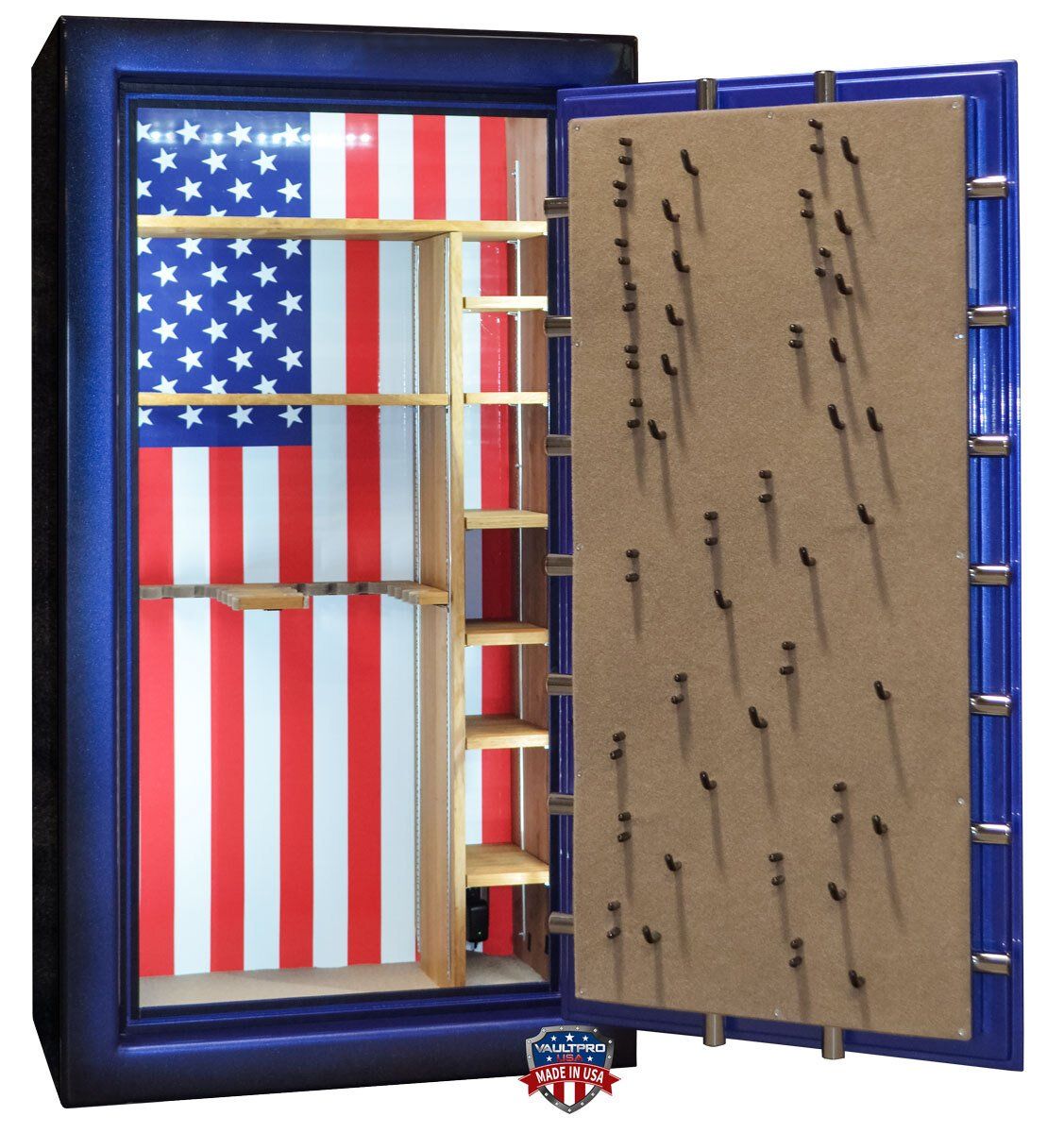 Open blue safe with American flag interior and organized gun racks on the door and inside panels