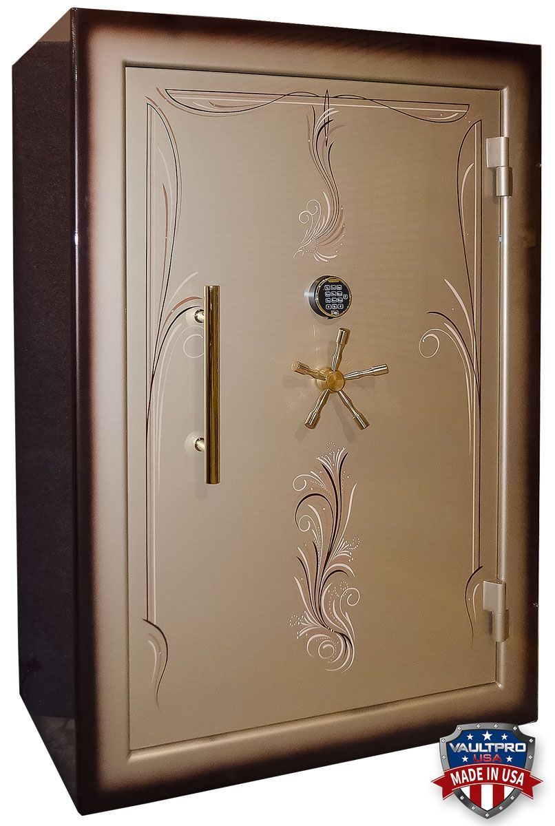 Beige decorative safe with ornate gold trim and handle, shown at an angle.