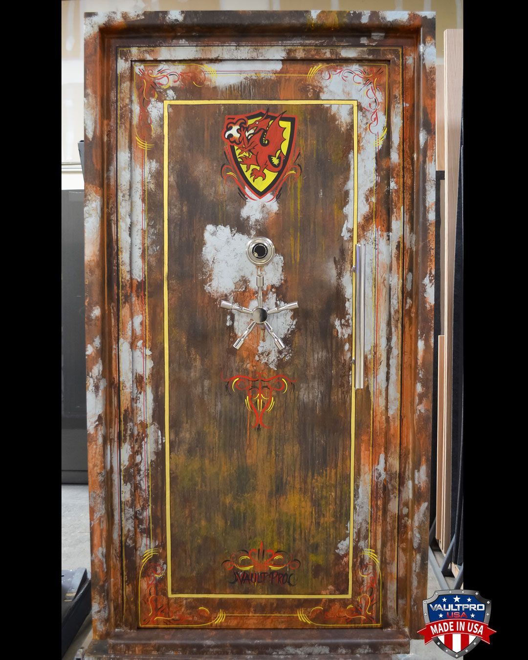 Rusty brown metal door with a yellow border and heart-shaped emblem near the top