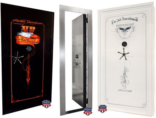 Three Halloween-themed decorative doors in black, white, and mirrored finishes with spider and pumpkin designs