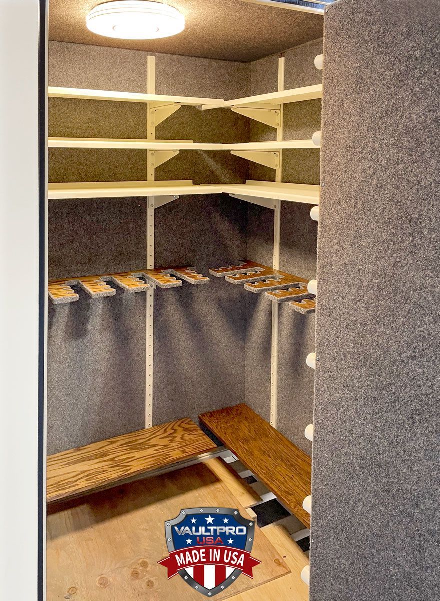 Images of Gun racks and shelves in this walk-in vault room can be configured anyway you want.
