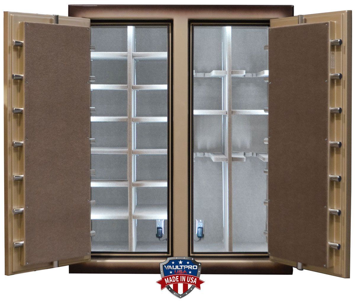 A safe made in the USA with double doors and the doors open