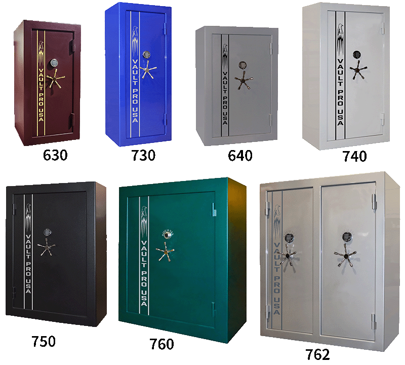 Seven small safes in burgundy, blue, gray, black, teal, and silver, each labeled with a model number.