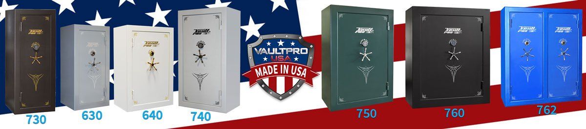 Assorted colorful upright lockboxes lined up on a patriotic stars-and-stripes background.