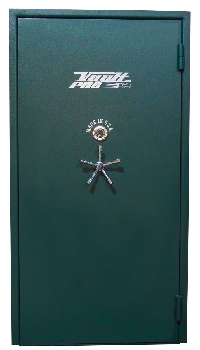 Green metal safe door with a combination lock and handle, front view
