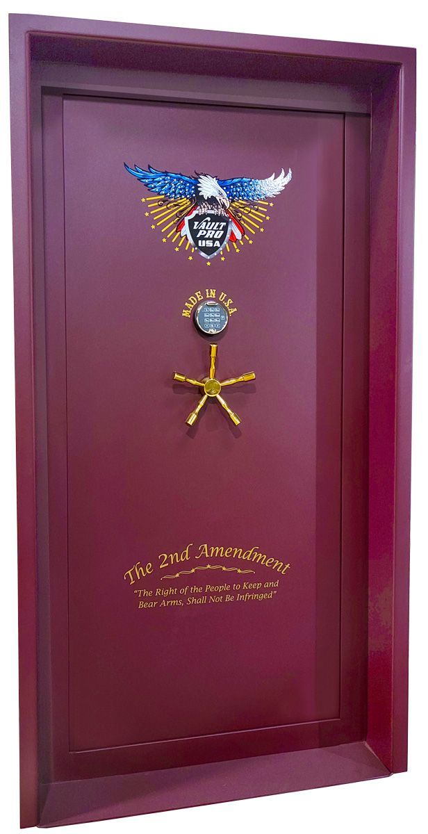 Maroon display case with a winged emblem and gold medallion/star insignia on the door