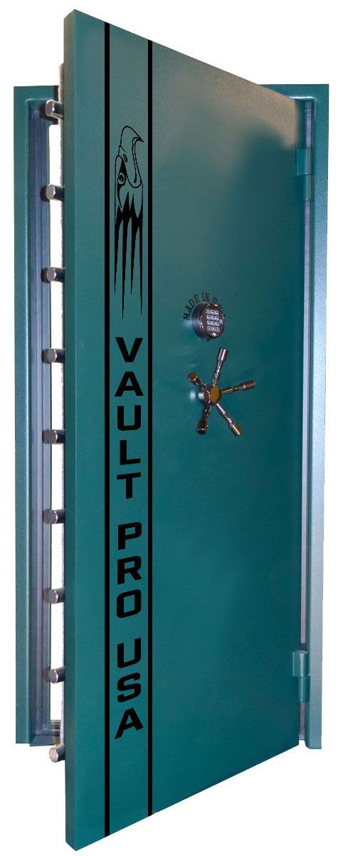Green vault door slightly open with a combination lock, 