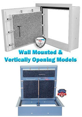 Wall-mounted and vertically opening access panel in gray metal with blue insulation on a white background