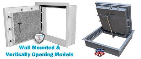 Two wall-mounted vertically opening roof hatch doors, shown open and closed with blue caption text