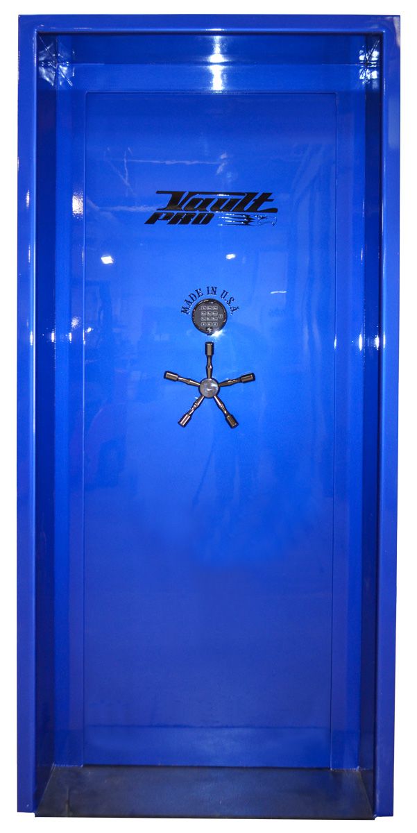 Blue wall-mounted safe with a combination lock and star-shaped handle in the center