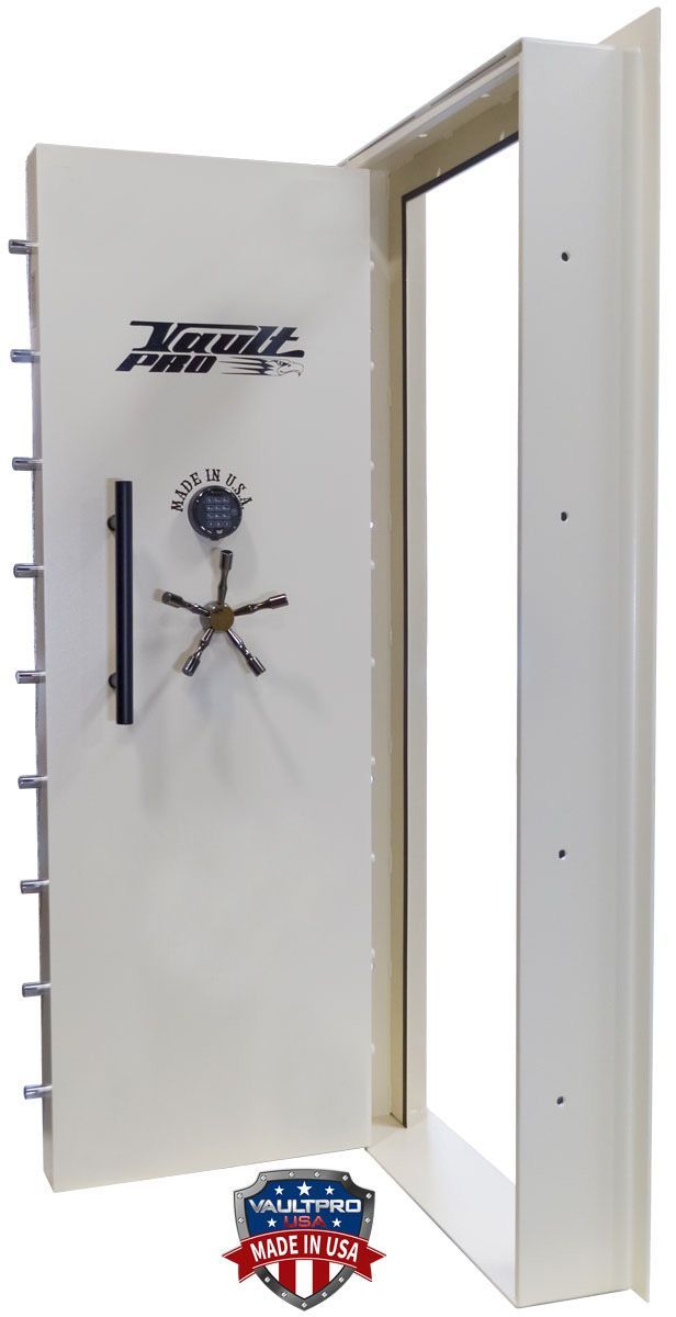 White steel safe door with a large wheel handle, shown open on a plain background.