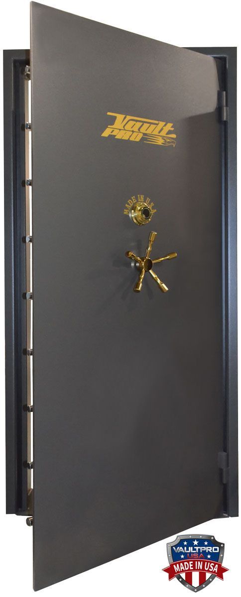 Open black safe door with gold emblem and combination lock