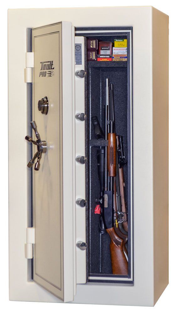 Open gun safe with rifles and handgun stored inside, beige steel door and organized interior