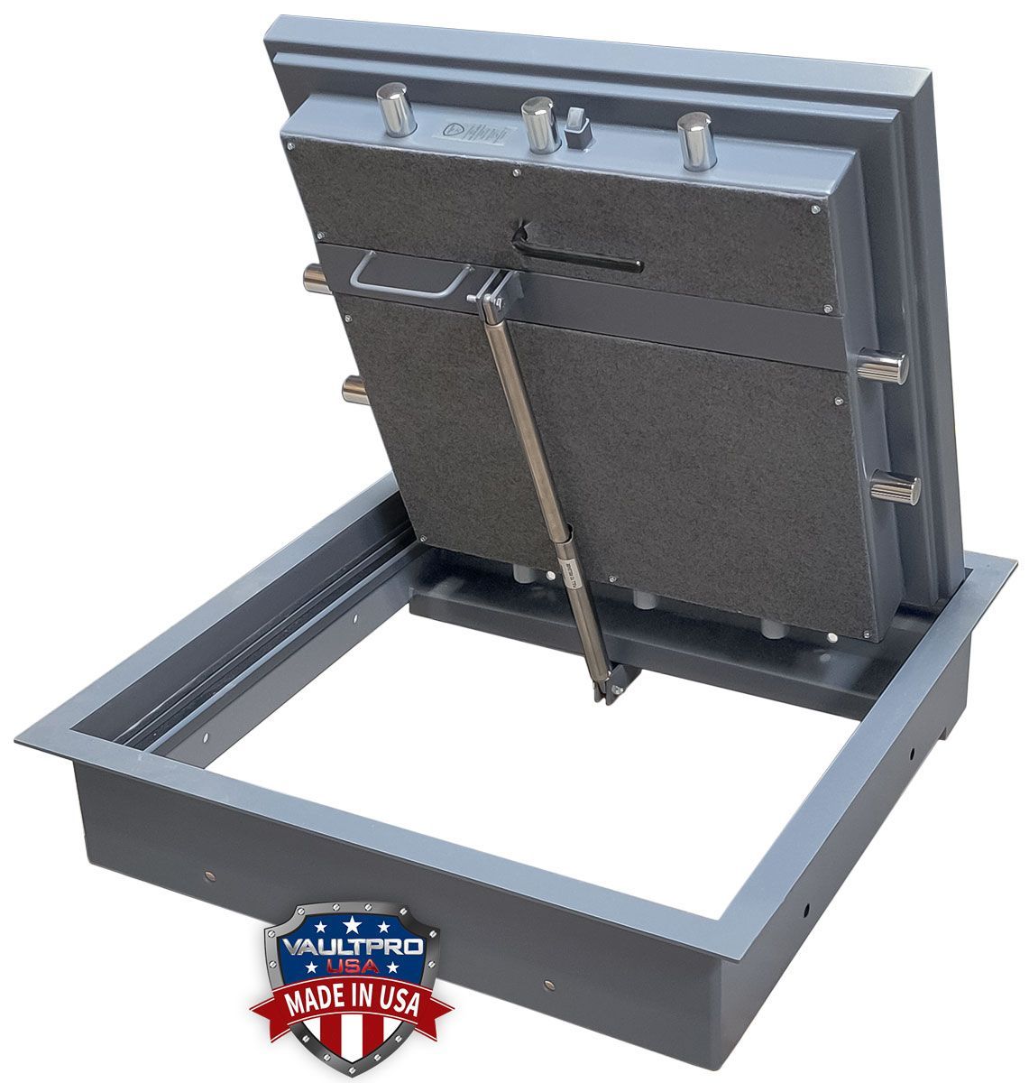 Gray metal attic access hatch with insulated panel on a square frame, shown open at an angle.