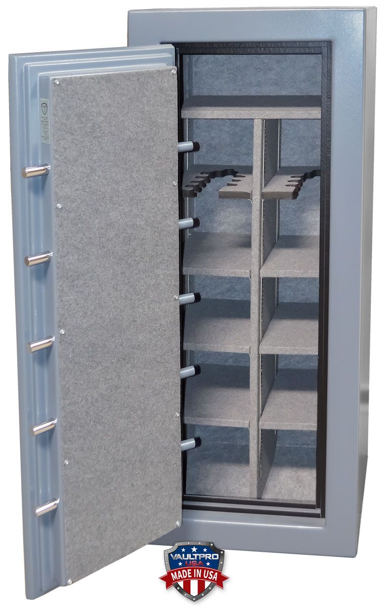 16 Gun safe interior. The model C-625 is fully configurable with both full shelves and long gun racks. Shown with optional two pistol peg door back.
