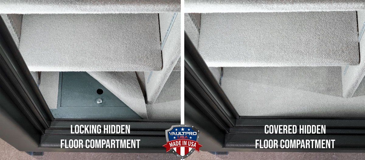 Locking hidden floor compartment in safe shown with compartment and concealed under carpet