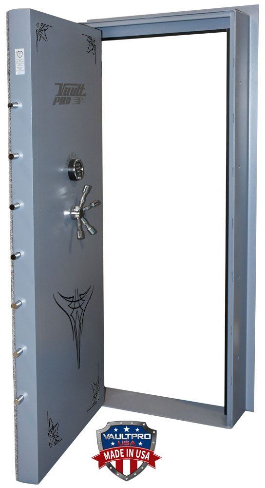 Open gray vault door with combination lock, showing the doorway open against a white background