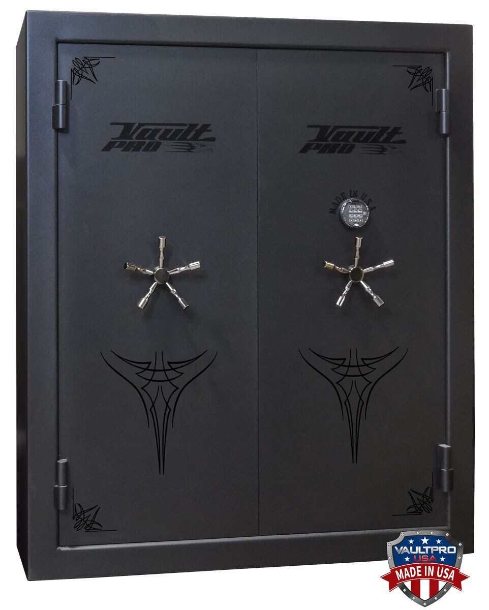 Black two-door safe with decorative spiderweb designs and a combination lock.