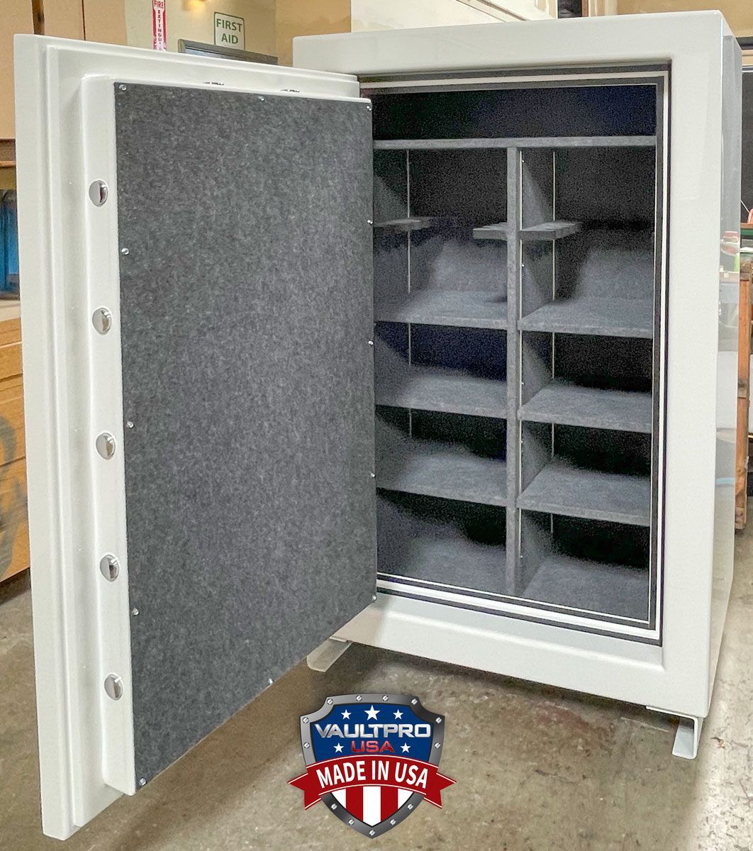 American made gun safe interior. American Eagle AE-640 with fully configurable interior with electrical outlet and LED lighting and dehumidifier, factory installed. Made in USA by Vault Pro USA