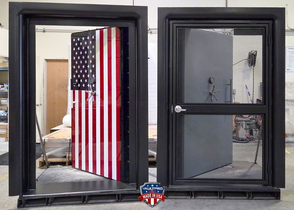 ballistic resistant vault doors. One with custom hand painted American flag. The other fitted with day gate.