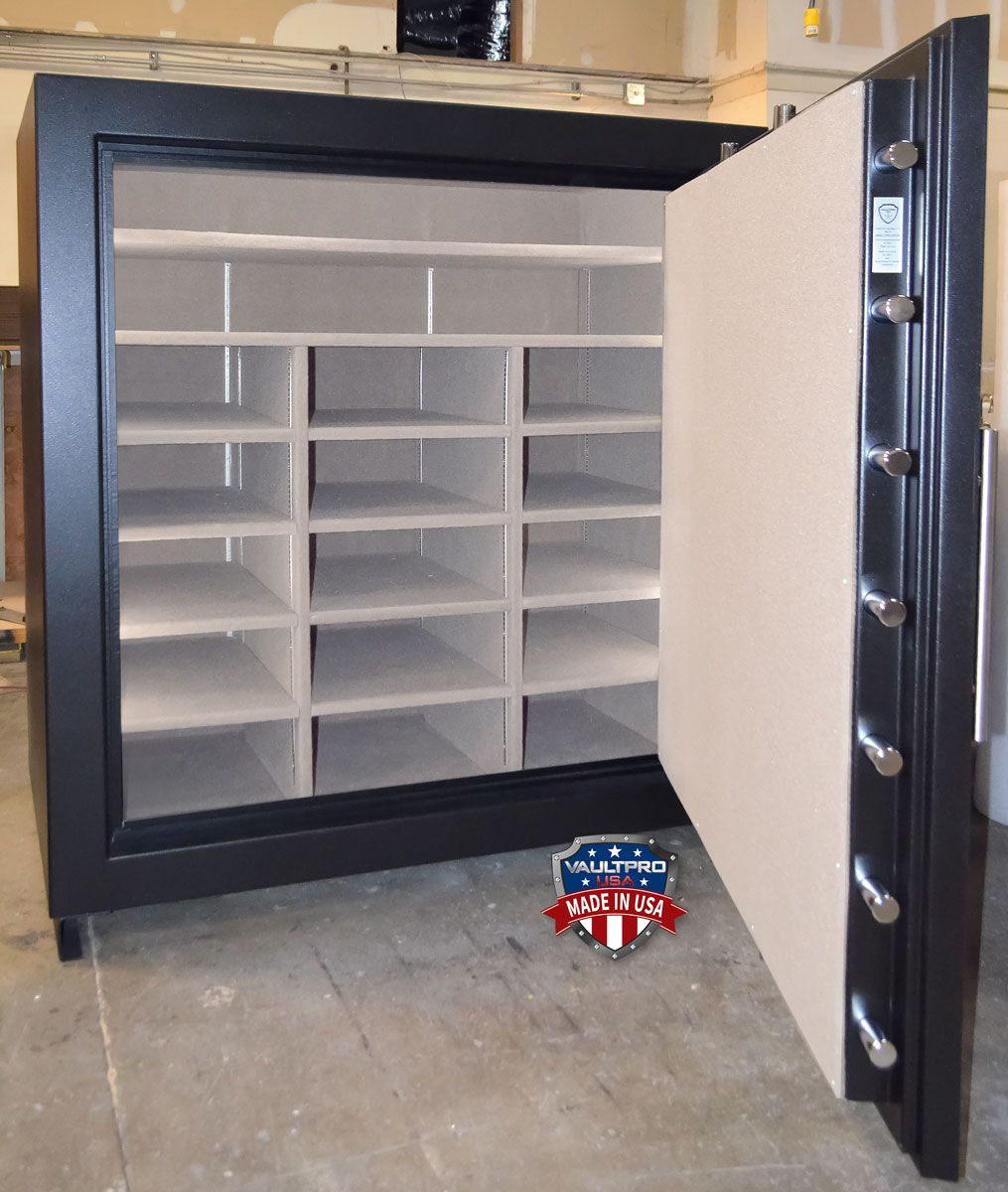 Image of very large high capacity long gun safe interior with shelves. Safe in matte black finish. Safes made in America by Vault Pro USA