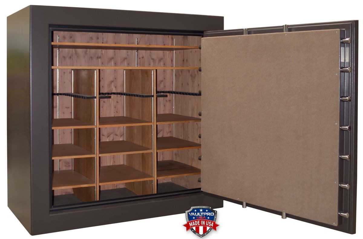 Open empty gun safe with shelves and tan door lining