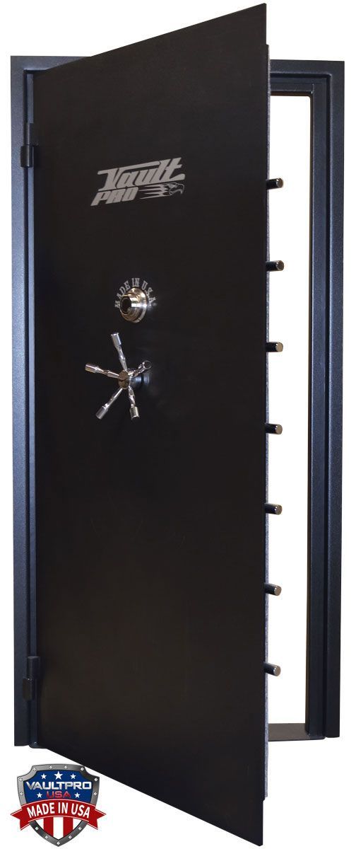 Black open safe door with silver lock and hinges, showing the interior frame.
