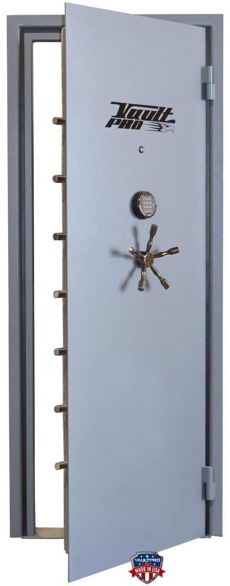 Open gray bank vault door with heavy locking wheel and thick frame