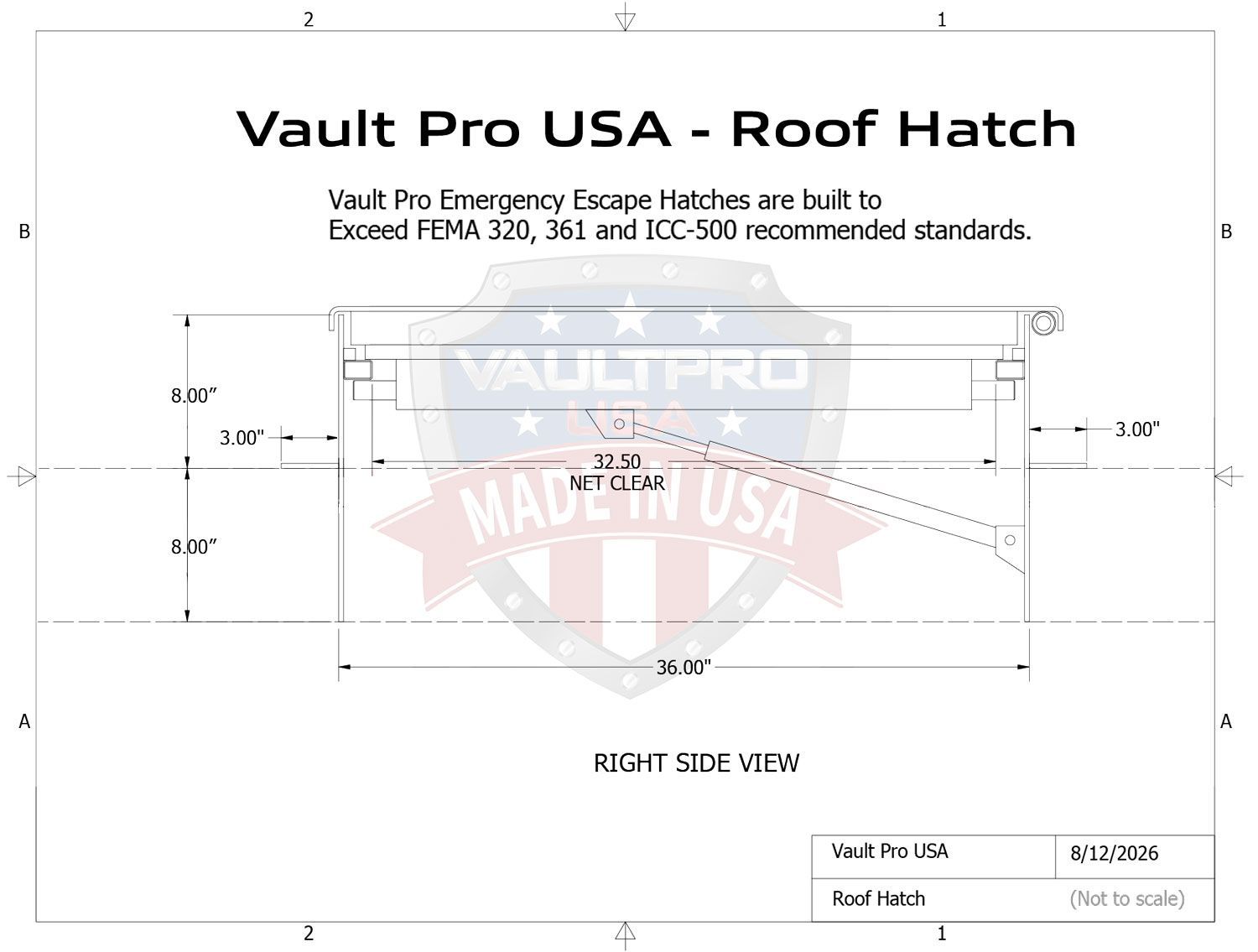 Technical drawing of a Vault Pro USA white roof hatch with dimensions and side-view details