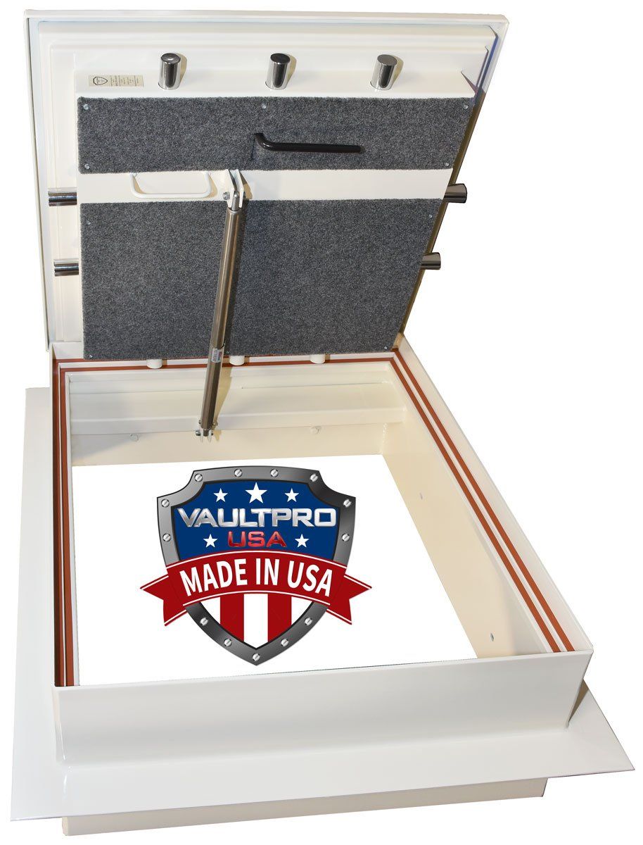 Open white vault door with foam lining and a branded “Made in USA” sticker inside