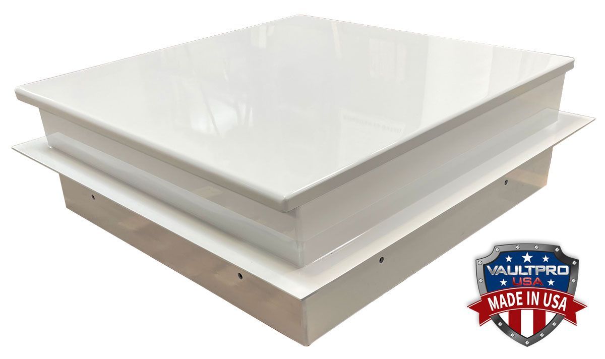 White roof vent cap on a beige base, isolated on white background with a Made in USA badge.