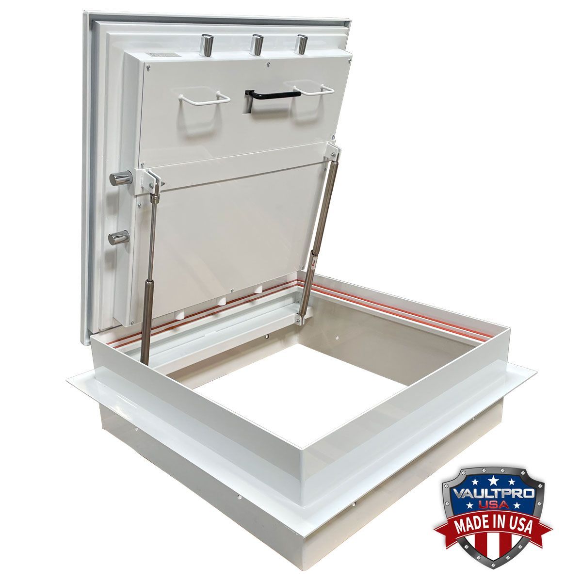 White attic access hatch door with ladder opening, shown partially open on a white frame.