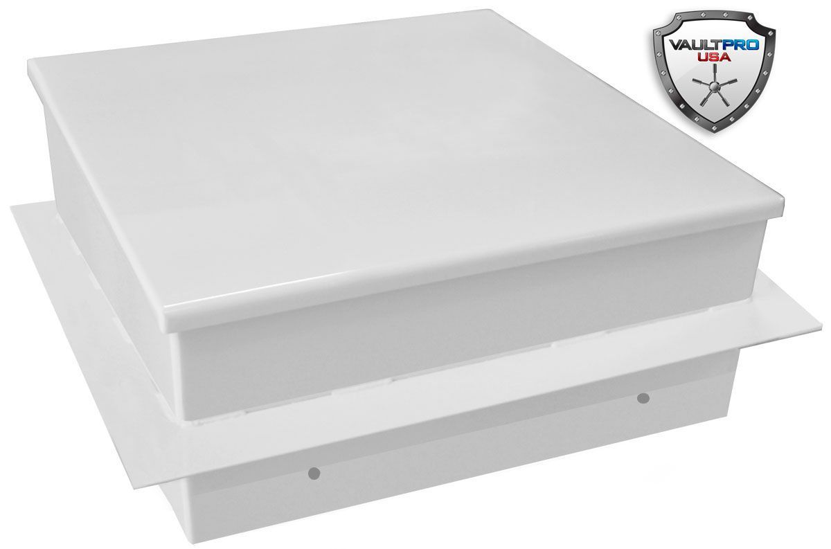 White rectangular metal vent hood with a flat top and side overhang on a plain background