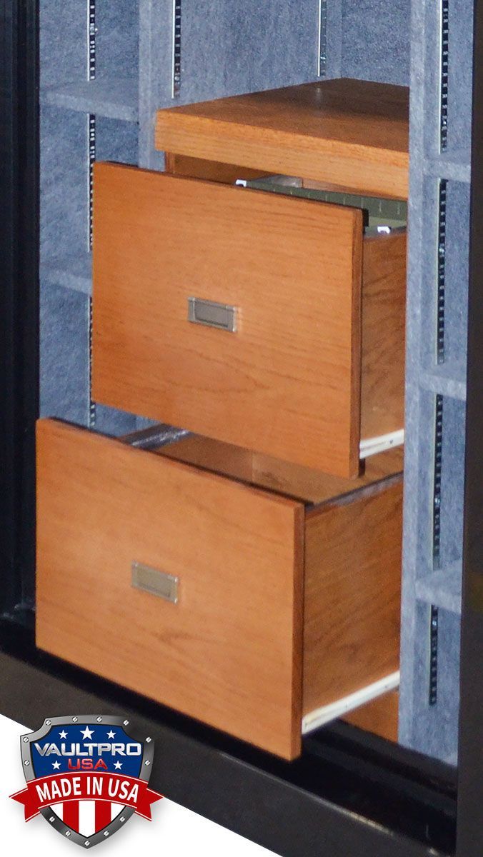 Two wooden drawers in a safe made in the USA