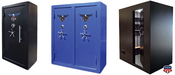 Three armored safes, black and blue, shown front and side views on a white background
