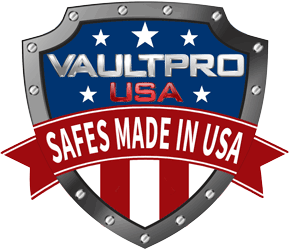 VAULTERO USA shield logo with red ribbon reading “Safes Made in USA”