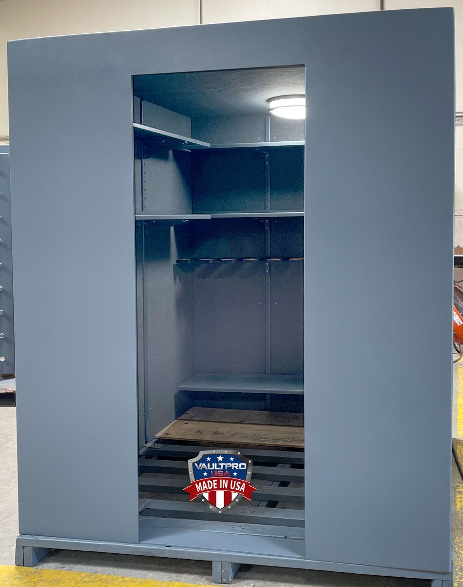 inswing vault door fully open showing interior of shelter safe room