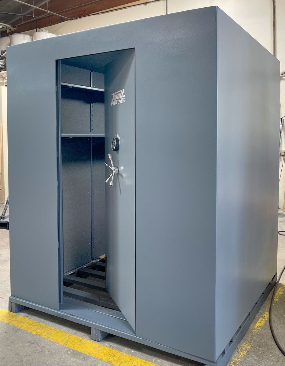 Single piece walk-in vault and shelter with inswing door. Protects against debri blocking the door.